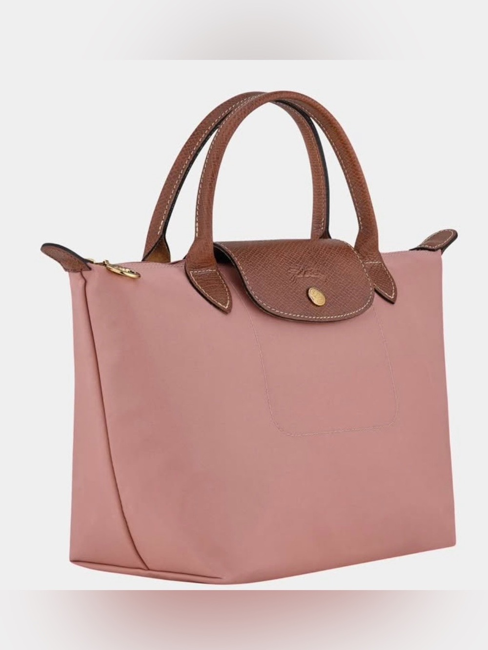 Longchamp Small Le Pliage Top-Handle Tote in Dusty Rose with Brown Trim - Picture 2 of 3
